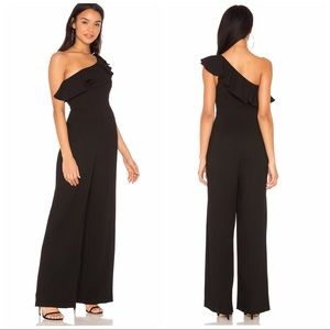bcbg one shoulder ruffle jumpsuit